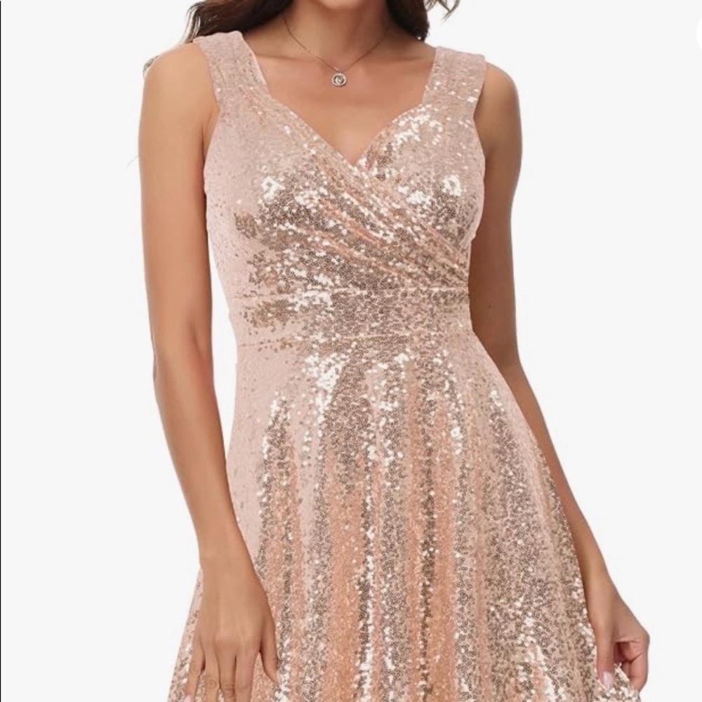 Sequin sleeveless V-neck A-line dress in rose gold